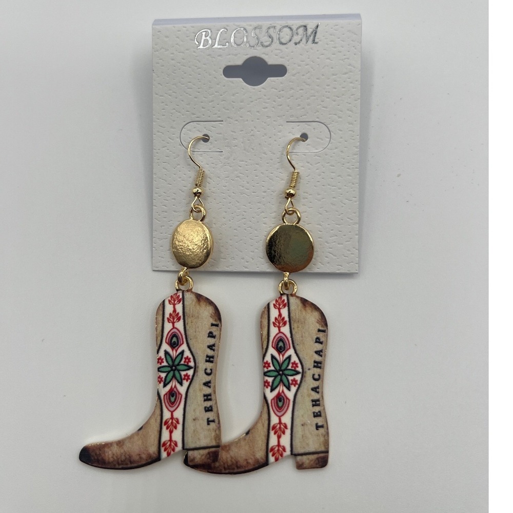 Blossom Tehachapi Cowboy Boot Dangle Earrings Gold Tone Western Boho New